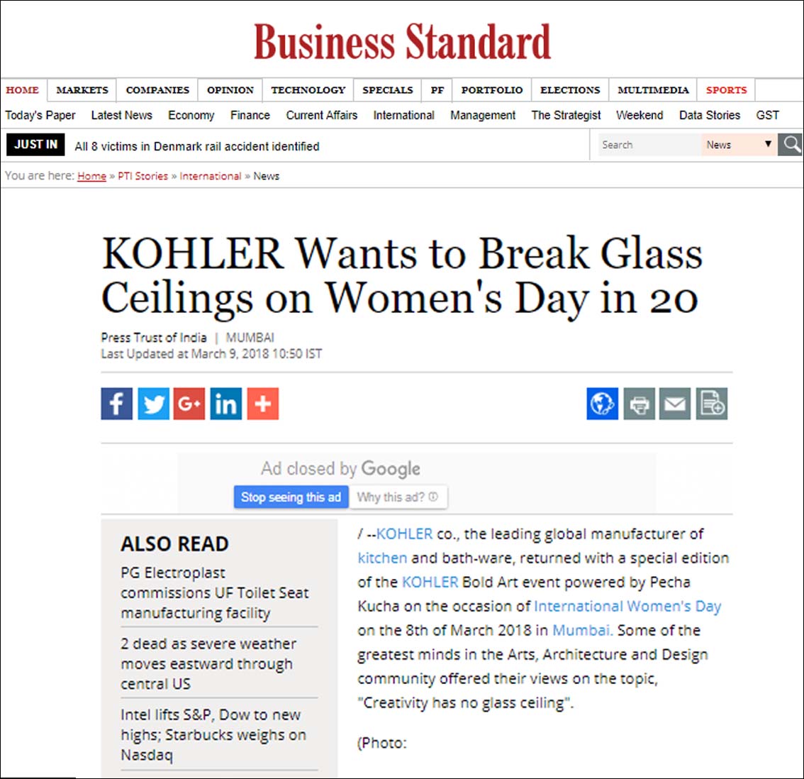 KOHLER Wants to Break Glass Ceilings on Women's Day in 20, Business Standard - March 2018